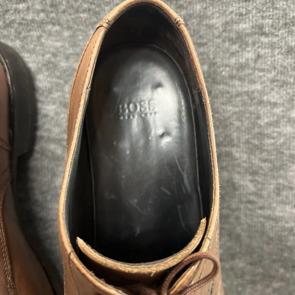 Sz 8.5 HUGO‎ BOSS Men's Dress Shoes Moc Toe Derby Mahogany Brown Leather NICE!